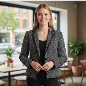 Doncaster Black White Tweed Wool Blend Blazer Fringe Trim Size 8P